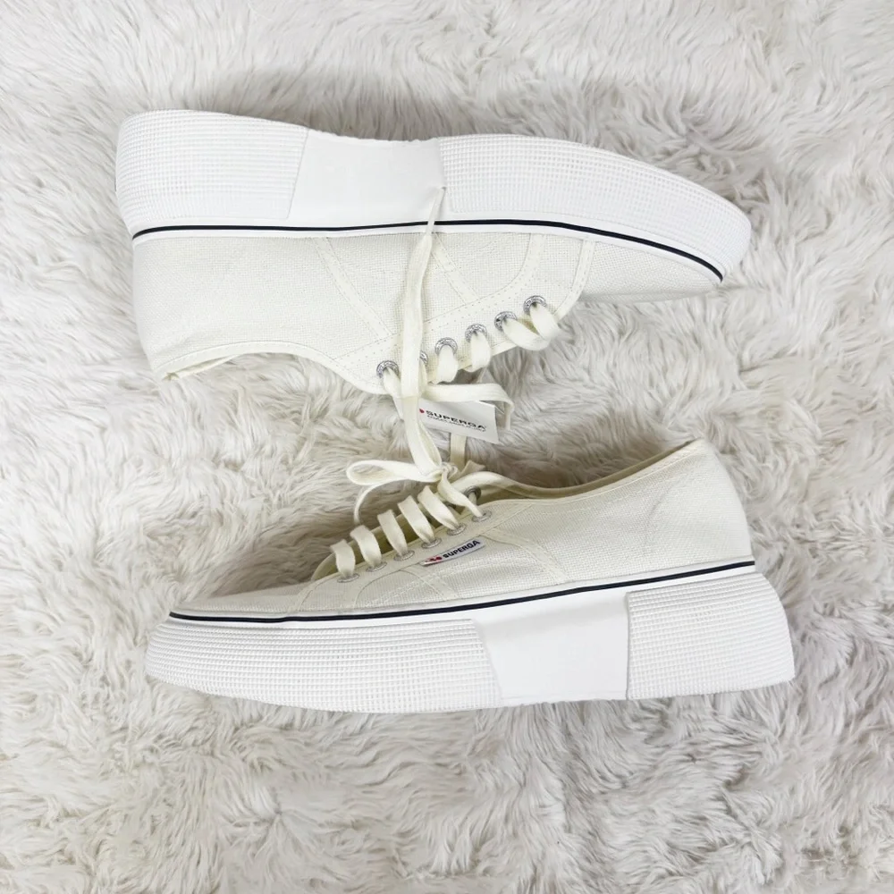 SUPERGA Canvas Platform Sneaker Size 8 Beige Cream Lace Up Clean Girl Scandi‎